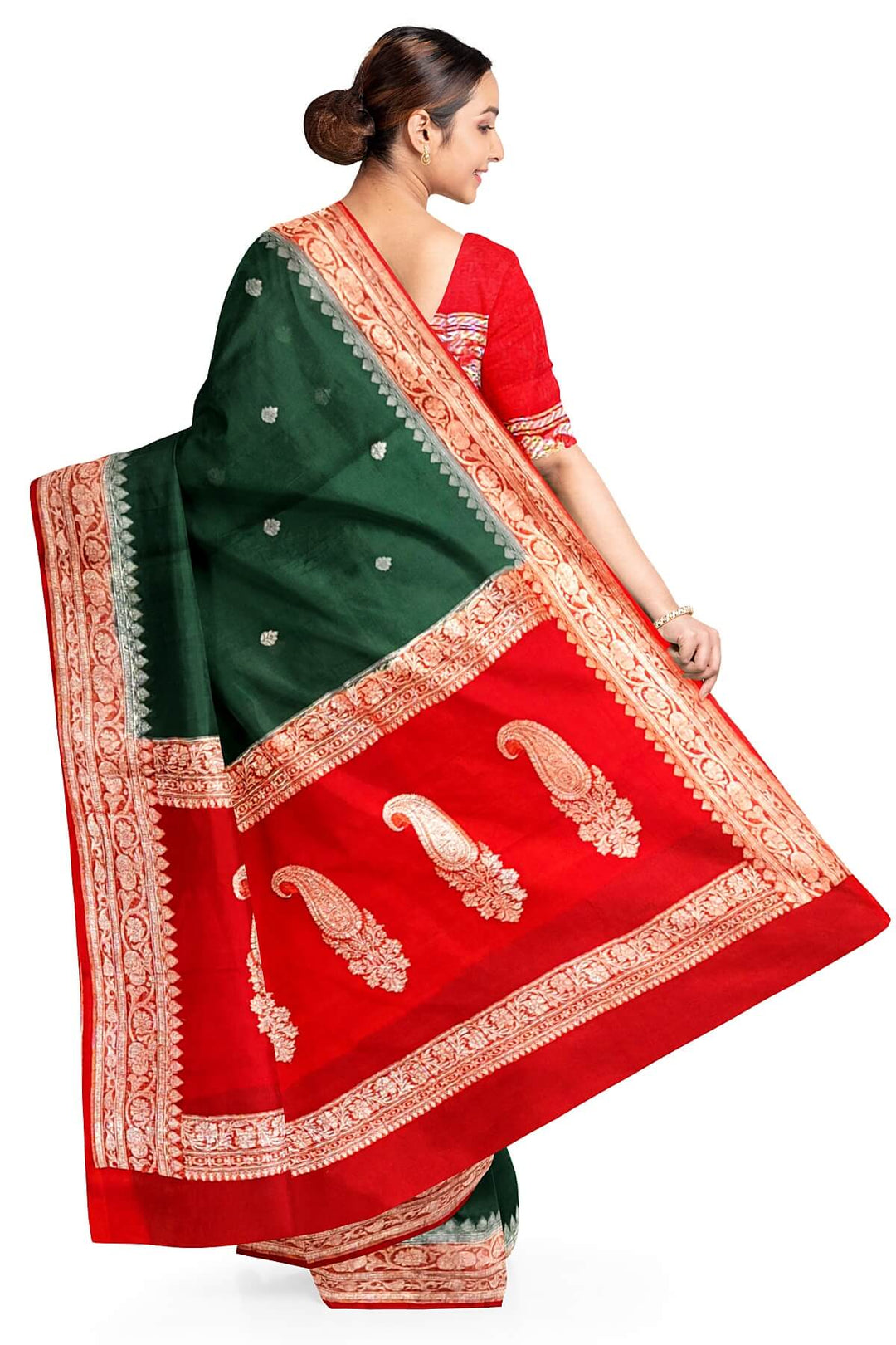 Banarasi silk chiffon saree in bottle green