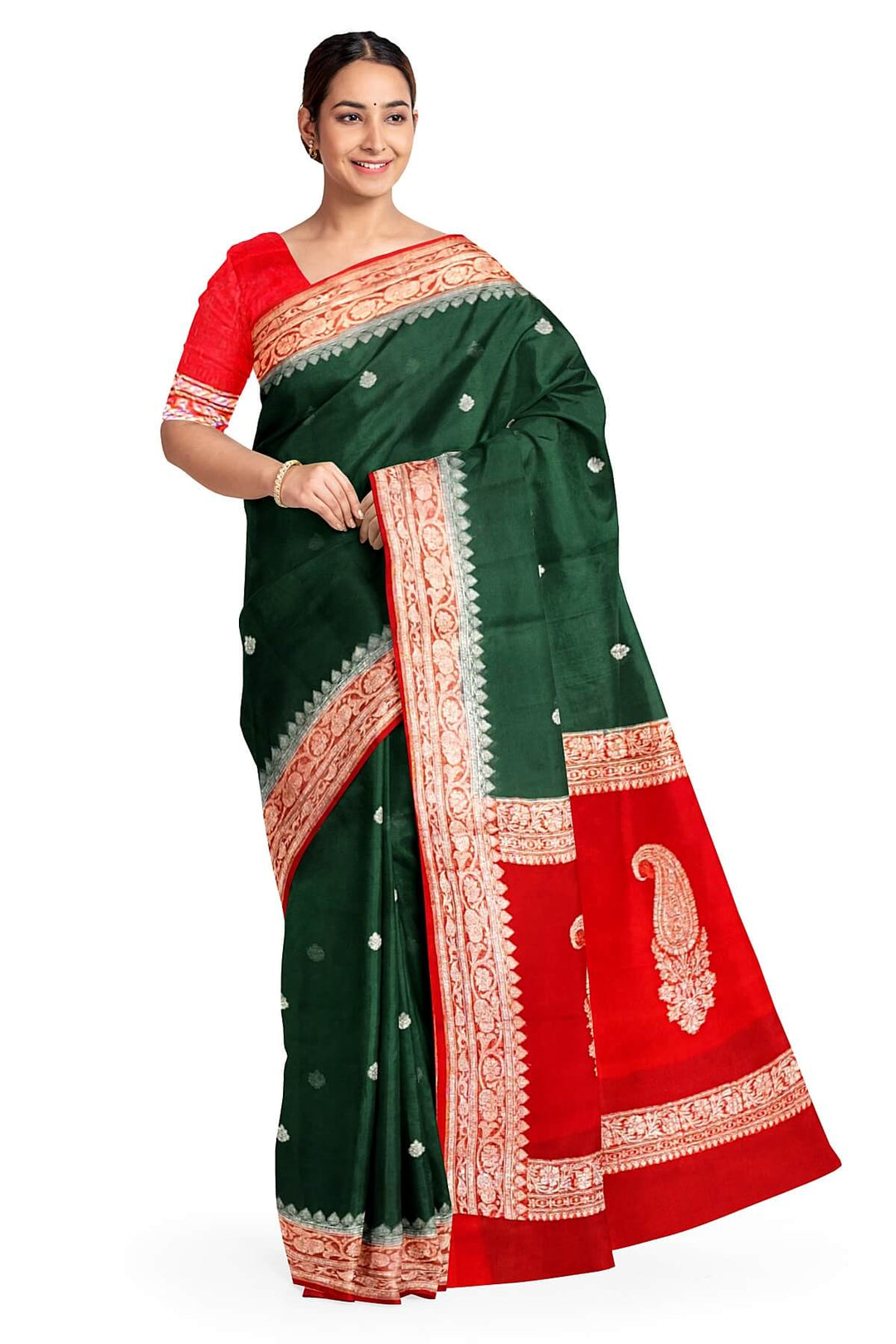 Banarasi silk chiffon saree in bottle green