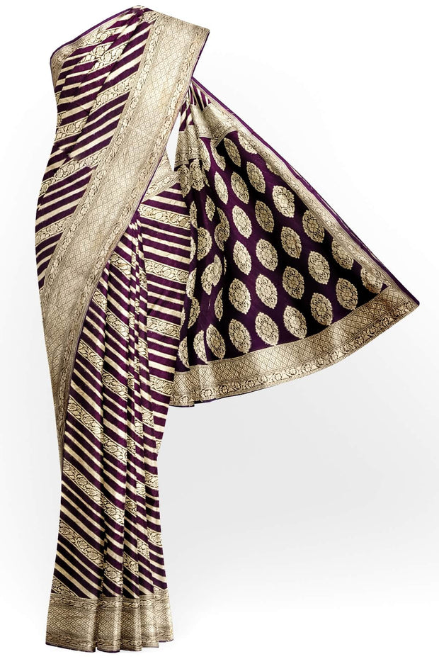 Banarasi khaddi silk georgette saree in brown with  diagonal lines on the body