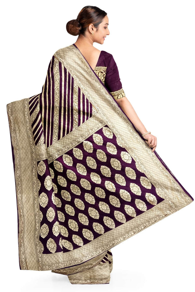 Banarasi khaddi silk georgette saree in brown with  diagonal lines on the body