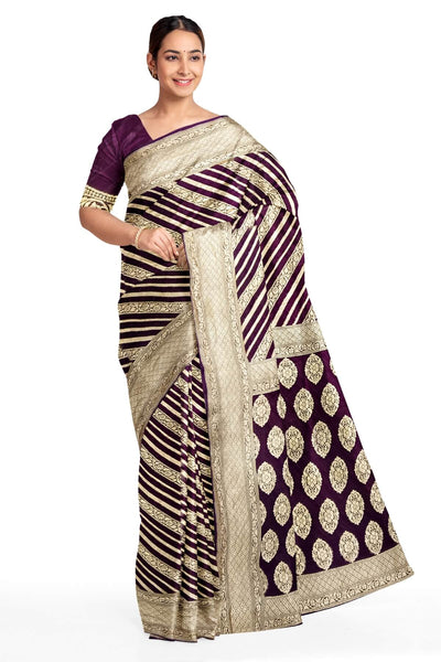 Banarasi khaddi silk georgette saree in brown with  diagonal lines on the body