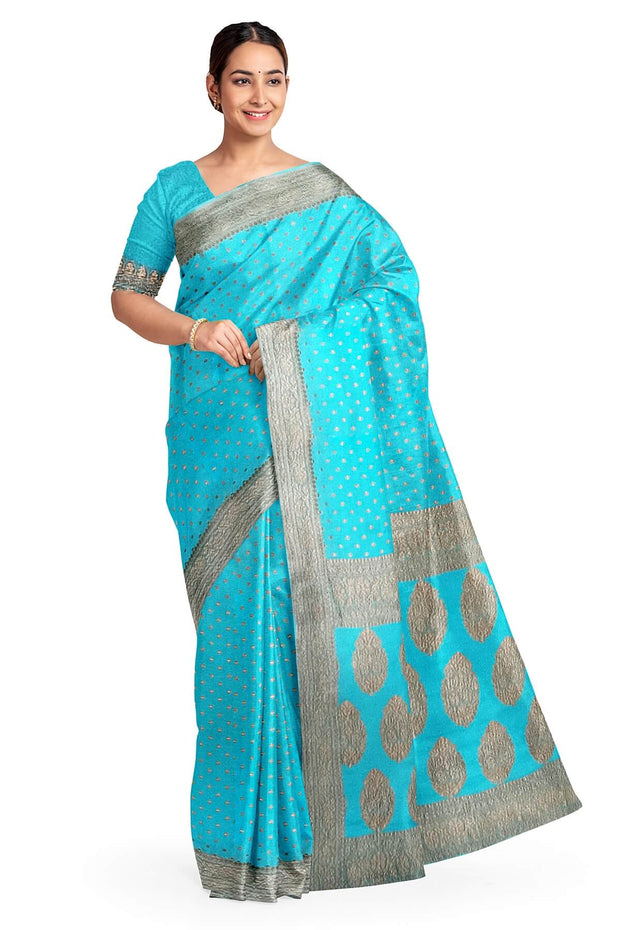 Banarasi silk georgette saree in  pool blue  with small motifs