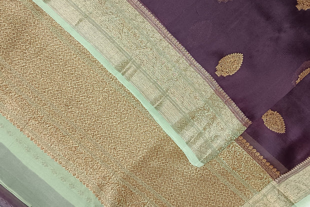 Banarasi kora (organza) silk saree  in brown with leaf  motifs