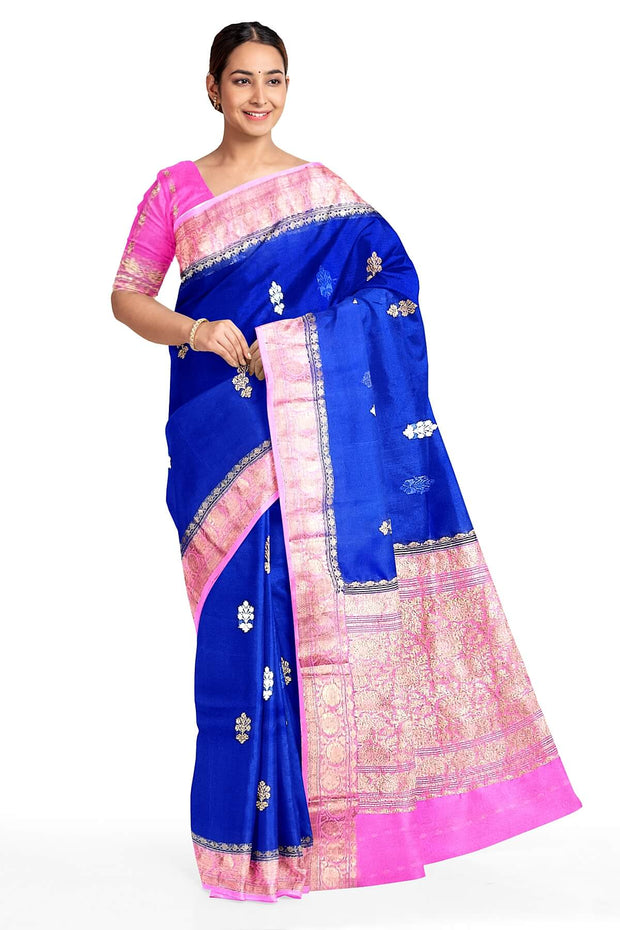 Banarasi kora (organza) silk saree  in blue  with floral motifs
