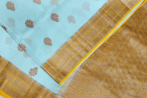 Banarasi kora (organza) silk saree  in sky blue with gold motifs