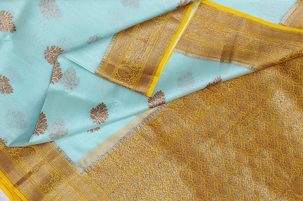 Banarasi kora (organza) silk saree  in sky blue with gold motifs