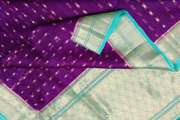 Banarasi kora (organza) silk saree  in purple with small motifs