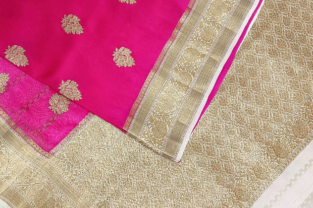 Banarasi kora (organza) silk saree  in pink with gold motifs