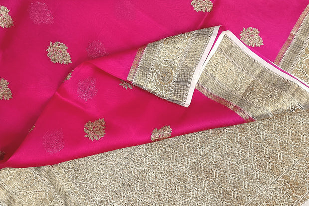 Banarasi kora (organza) silk saree  in pink with gold motifs