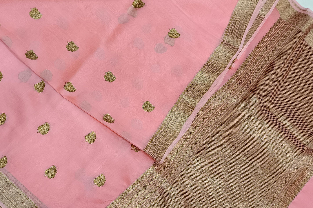 Banarasi kora (organza) silk saree  in peach with gold motifs