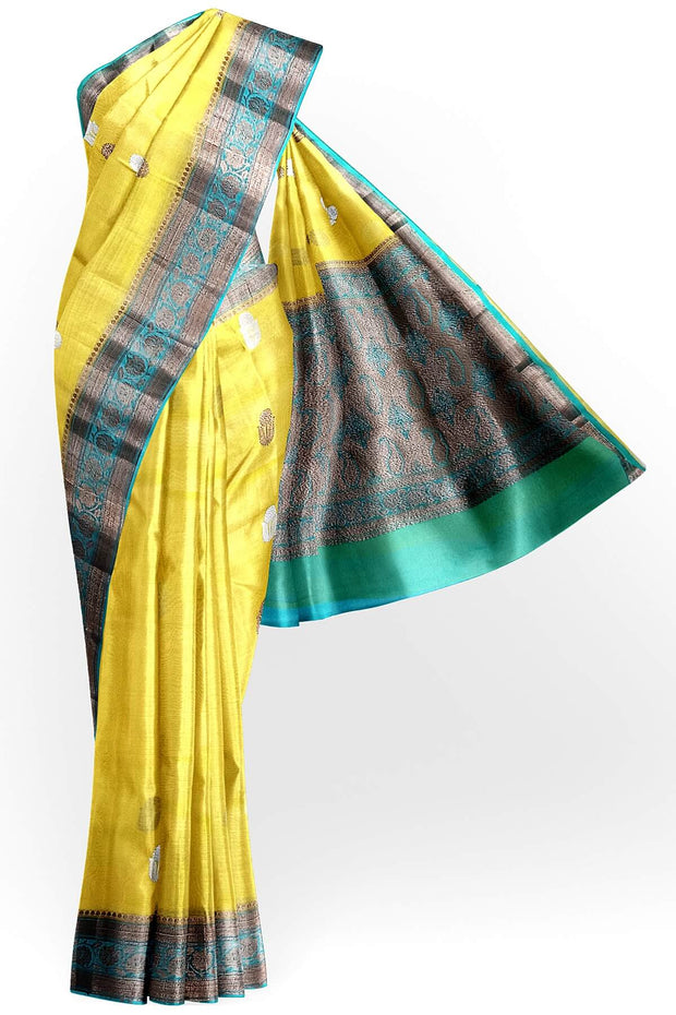 Banarasi kora ( organza) silk saree in yellow with gold & silver motifs