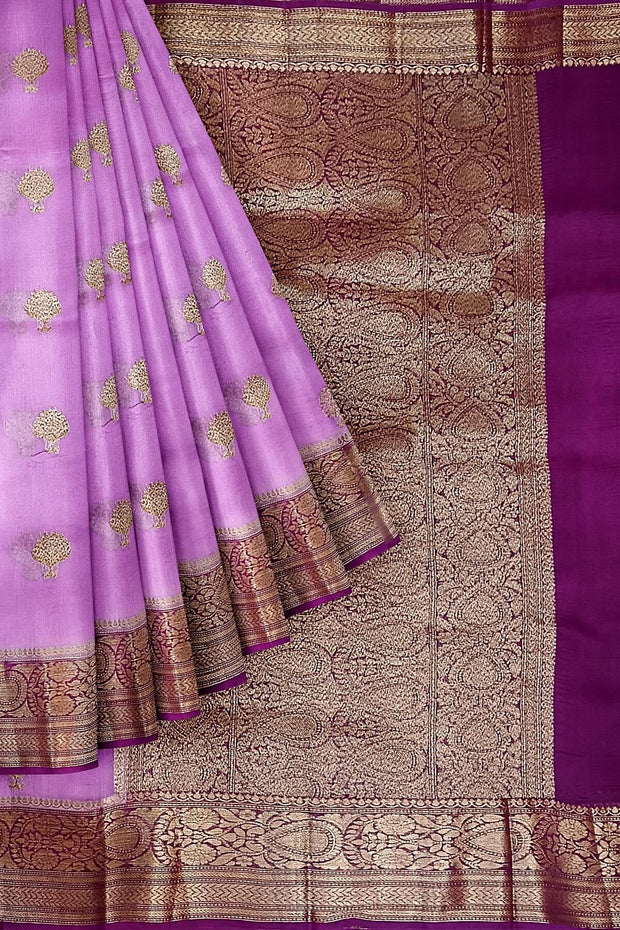 Banarasi kora ( organza) silk saree in pink  with floral motifs in  gold
