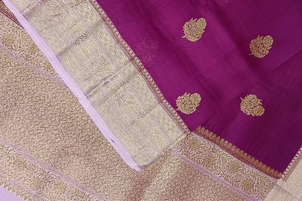 Banarasi kora ( organza) silk saree in purple with floral  motifs in gold