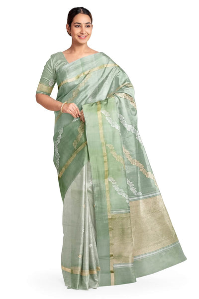 Banarasi kora (organza) silk saree in sage green in half & half style.
