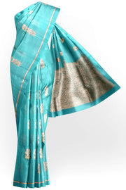 Banarasi kora (organza) silk saree in pool blue with floral motifs