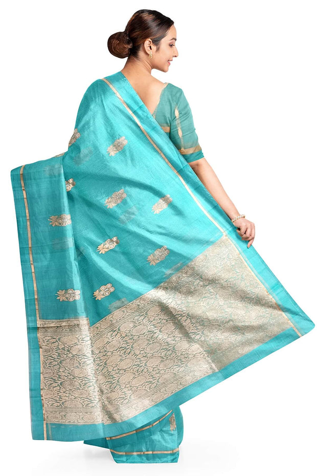 Banarasi kora (organza) silk saree in pool blue with floral motifs