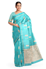 Banarasi kora (organza) silk saree in pool blue with floral motifs