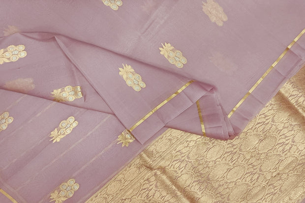 Banarasi kora (organza) silk saree in lilac with floral motifs