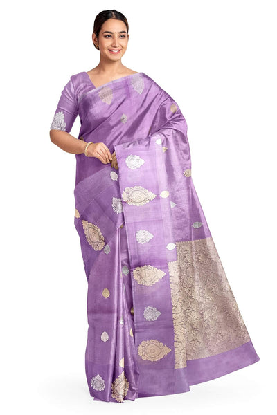 Banarasi kora (organza) silk saree in lavender with   floral motifs in gold & silver.