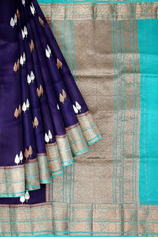 Banarasi kora ( organza) silk saree in royal blue with gold & silver motifs