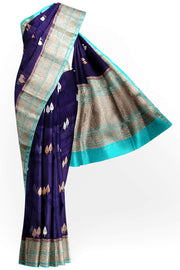 Banarasi kora ( organza) silk saree in royal blue with gold & silver motifs