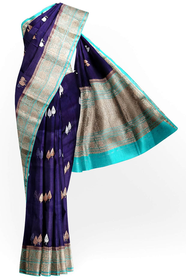 Banarasi kora ( organza) silk saree in royal blue with gold & silver motifs