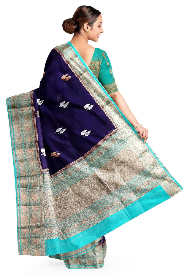 Banarasi kora ( organza) silk saree in royal blue with gold & silver motifs