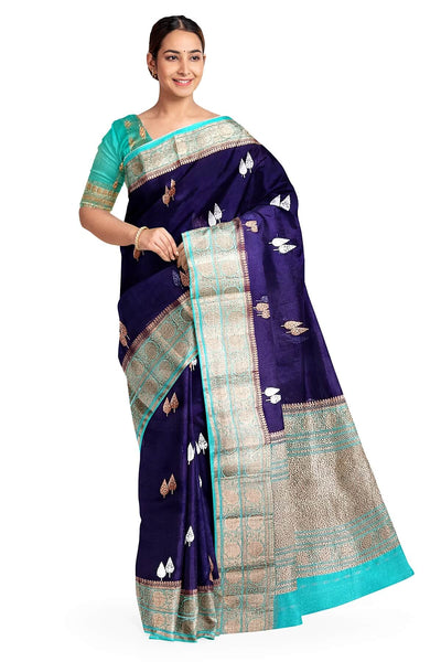 Banarasi kora ( organza) silk saree in royal blue with gold & silver motifs