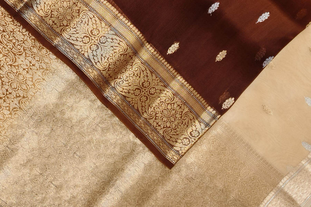 Banarasi kora (organza)  silk saree in  brown & beige with motifs