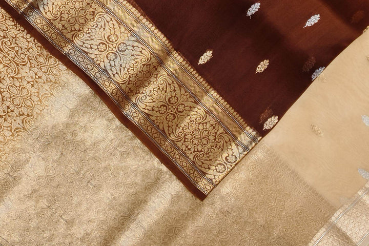 Banarasi kora (organza)  silk saree in  brown & beige with motifs
