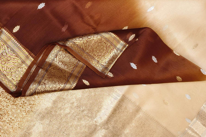 Banarasi kora (organza)  silk saree in  brown & beige with motifs