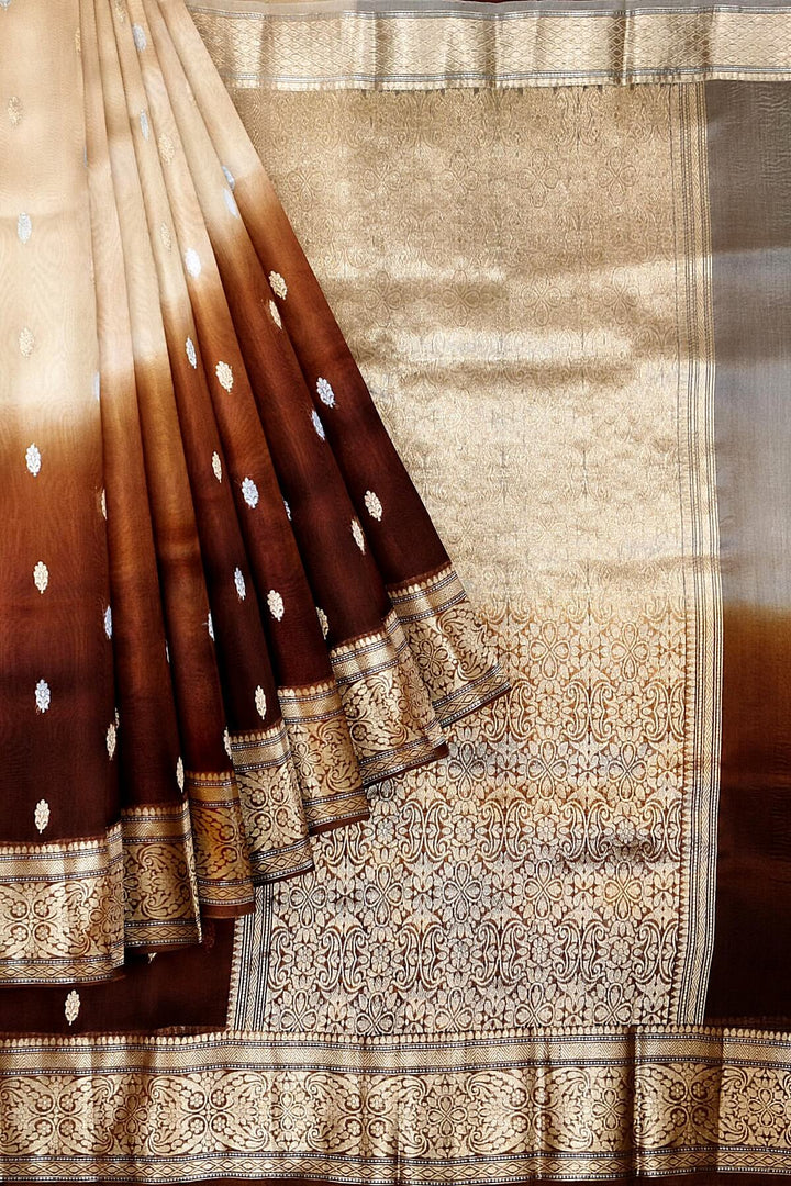 Banarasi kora (organza)  silk saree in  brown & beige with motifs