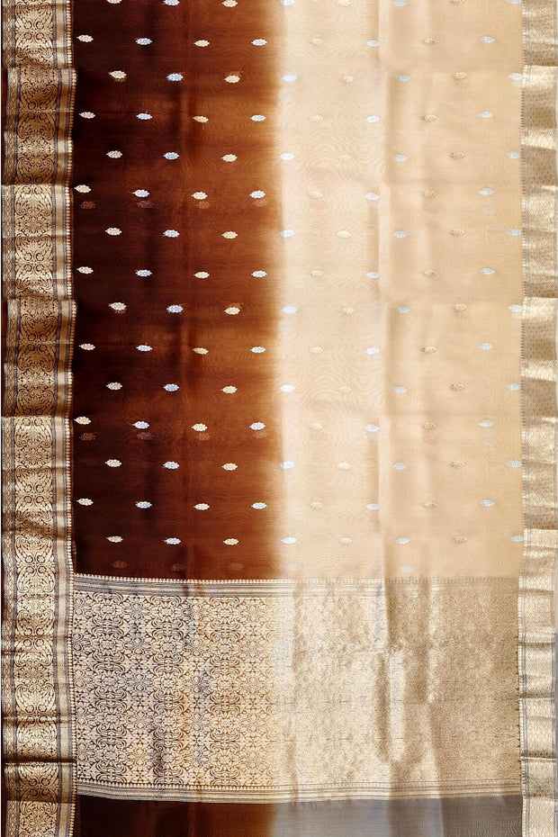 Banarasi kora (organza)  silk saree in  brown & beige with motifs