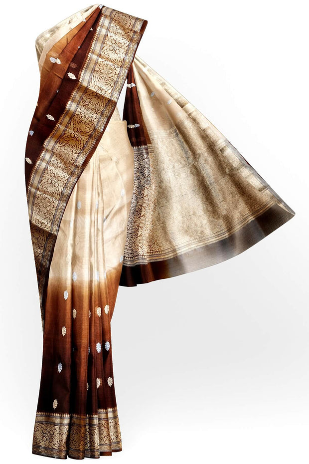 Banarasi kora (organza)  silk saree in  brown & beige with motifs