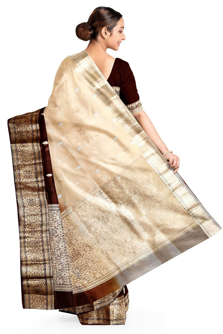 Banarasi kora (organza)  silk saree in  brown & beige with motifs