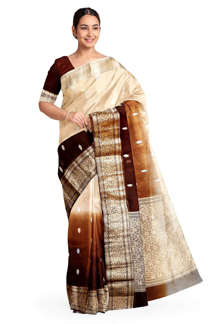 Banarasi kora (organza)  silk saree in  brown & beige with motifs