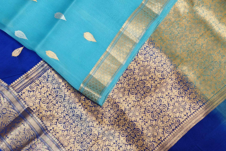 Banarasi kora (organza)  silk saree in  royal blue & light blue with motifs