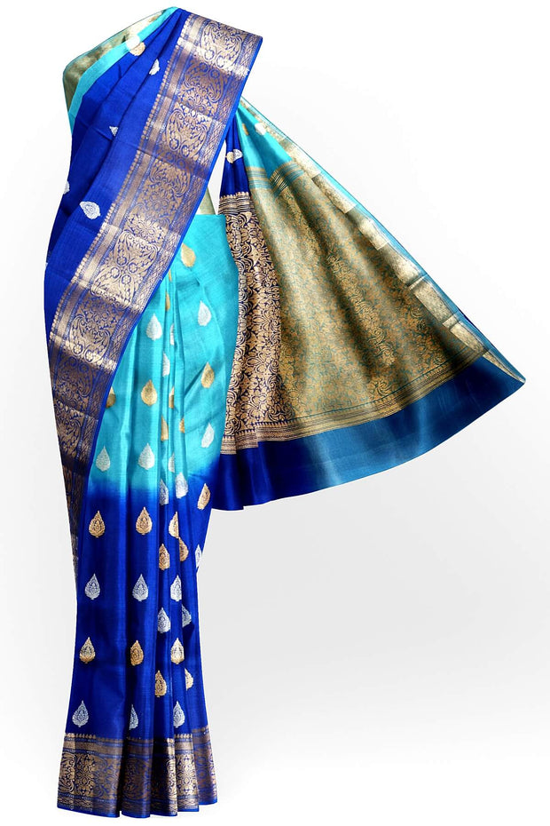 Banarasi kora (organza)  silk saree in  royal blue & light blue with motifs