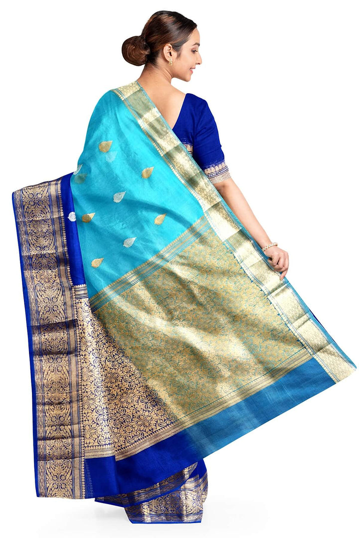 Banarasi kora (organza)  silk saree in  royal blue & light blue with motifs