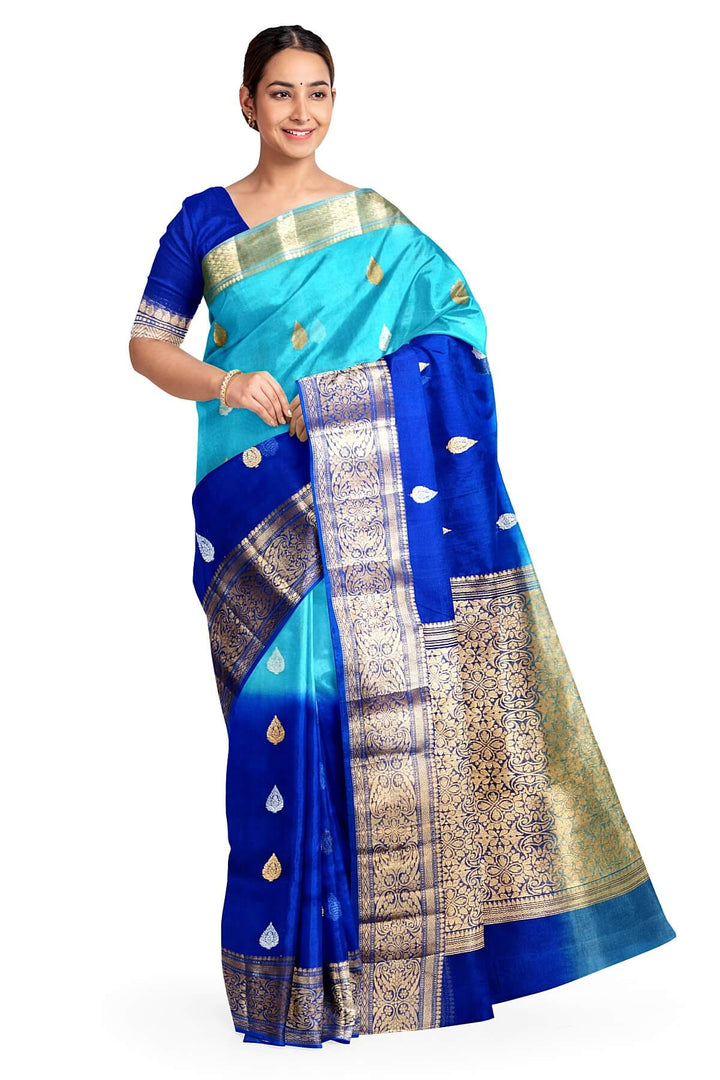 Banarasi kora (organza)  silk saree in  royal blue & light blue with motifs