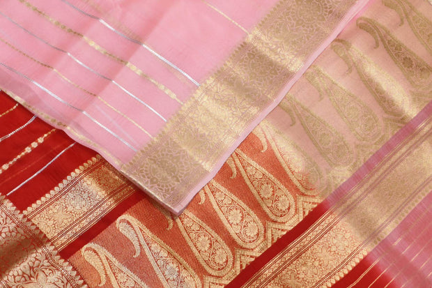 Banarasi kora (organza)  silk saree in  red & baby pink with motifs