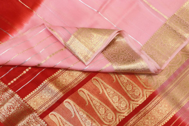 Banarasi kora (organza)  silk saree in  red & baby pink with motifs