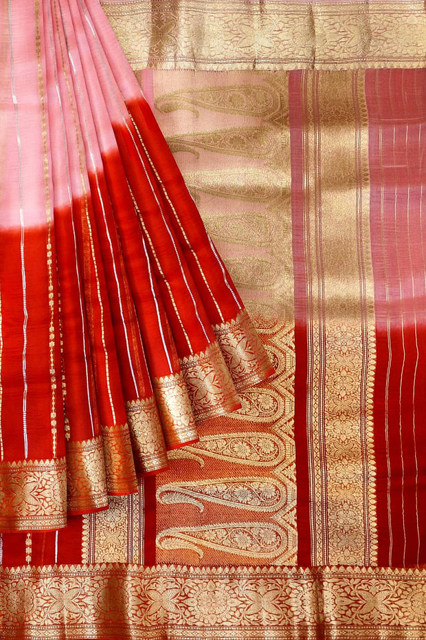 Banarasi kora (organza)  silk saree in  red & baby pink with motifs