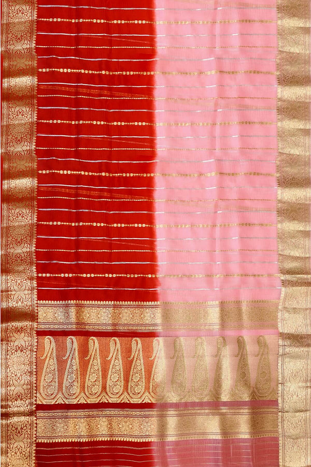 Banarasi kora (organza)  silk saree in  red & baby pink with motifs