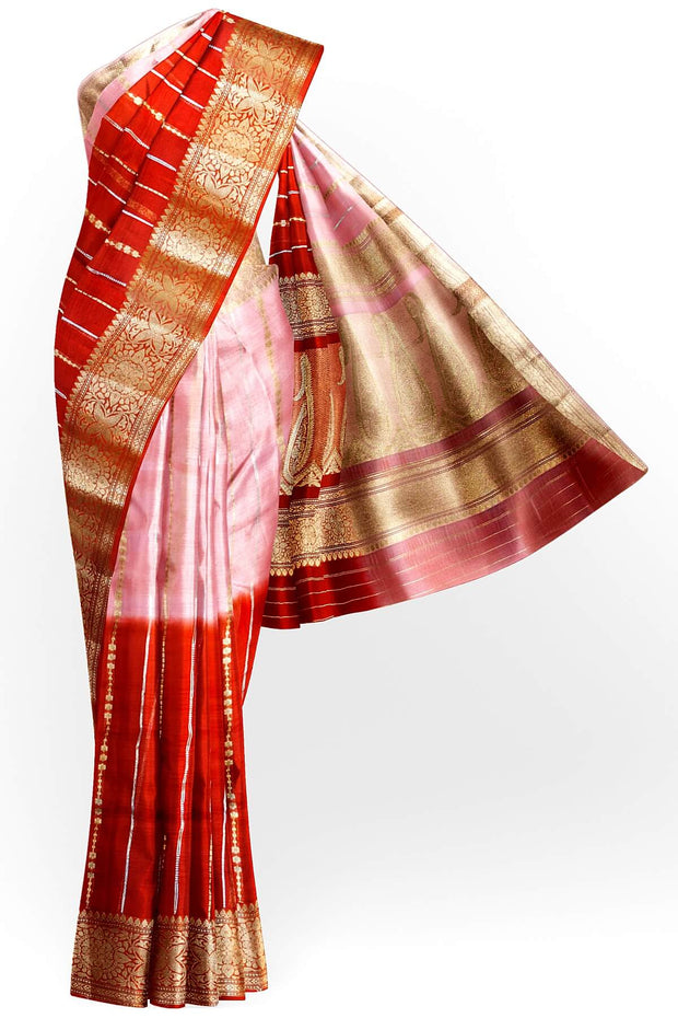 Banarasi kora (organza)  silk saree in  red & baby pink with motifs