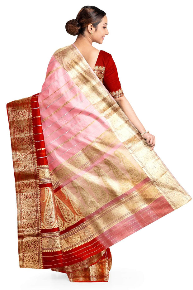 Banarasi kora (organza)  silk saree in  red & baby pink with motifs