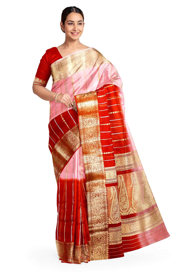 Banarasi kora (organza)  silk saree in  red & baby pink with motifs