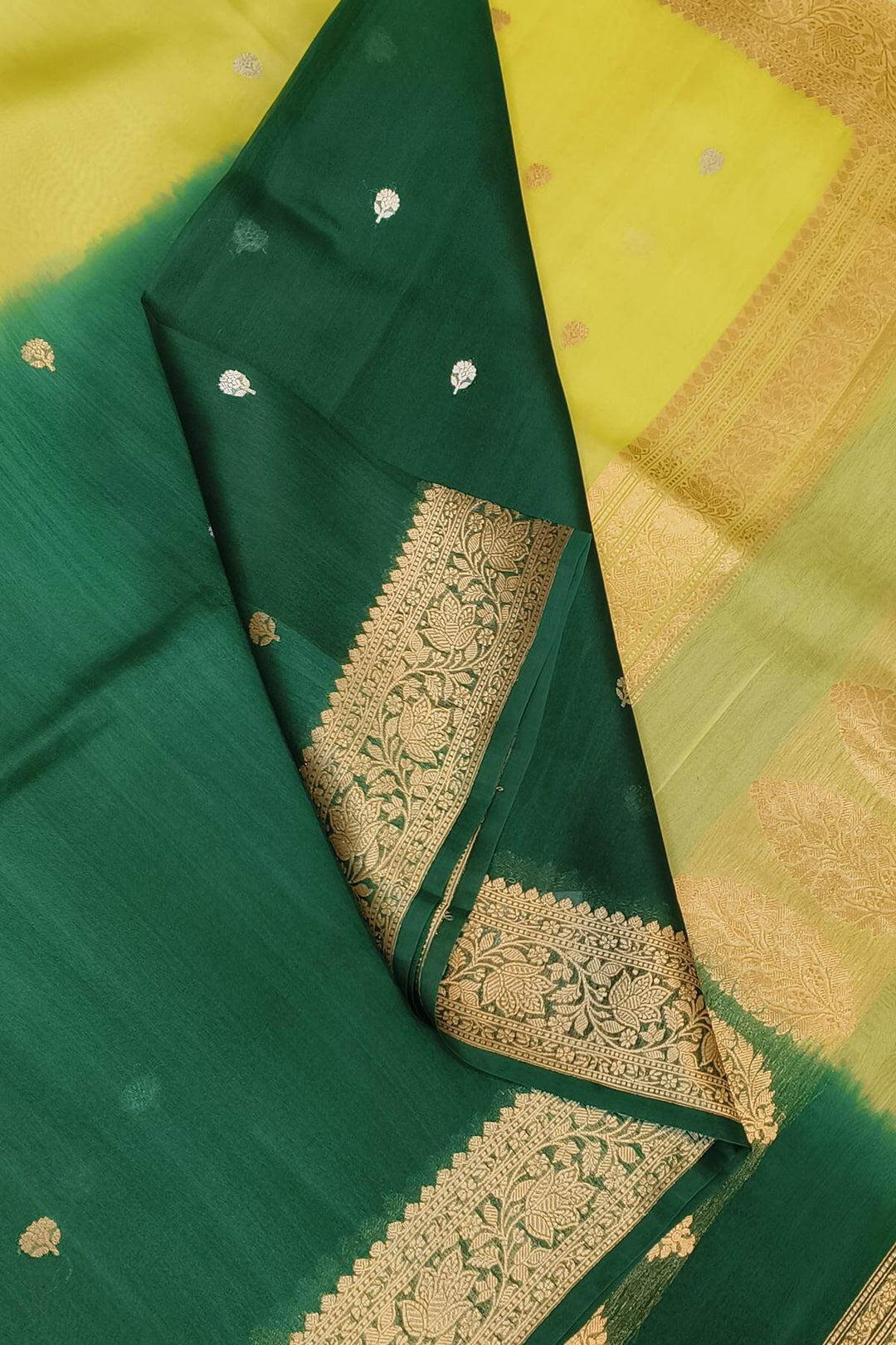 Banarasi kora (organza)  silk saree in  dark green