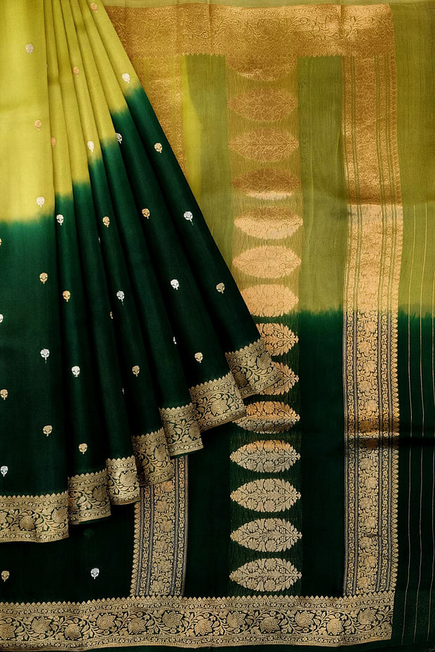 Banarasi kora (organza)  silk saree in  dark green