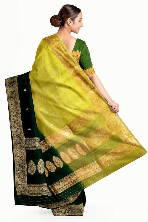 Banarasi kora (organza)  silk saree in  dark green